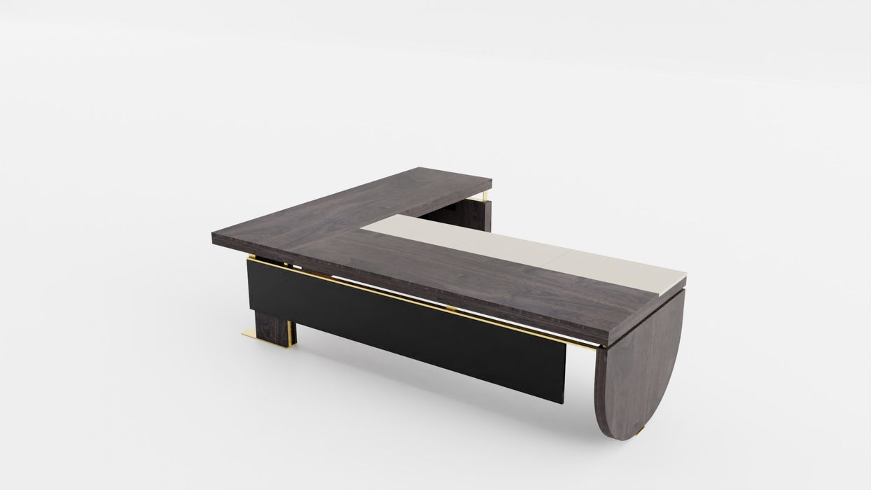 Executive Desk NARCISO with external extension L.270 cm, surfaces covered in eco-leather and wood.