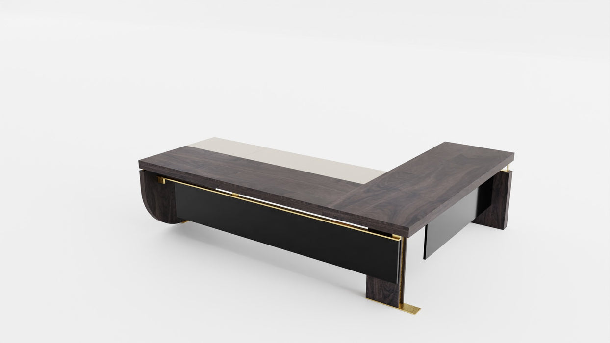 Executive Desk NARCISO with external extension L.270 cm, surfaces covered in eco-leather and wood.